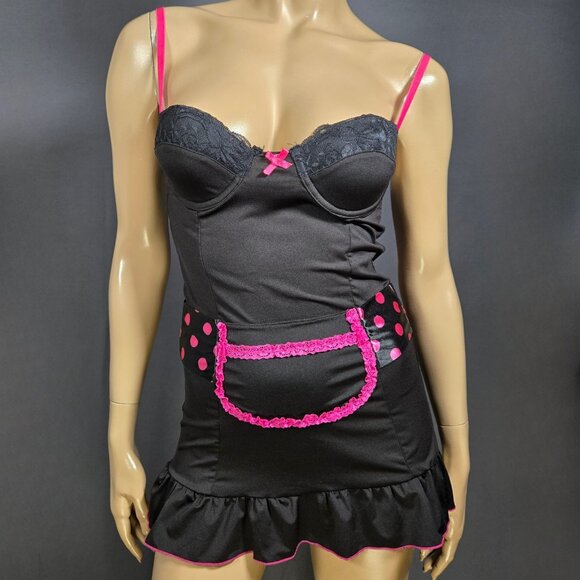 Y2K Rampage Babydoll Lingerie French Maid Mini Dress Size S Black Pink Polka Dot - Picture 1 of 11